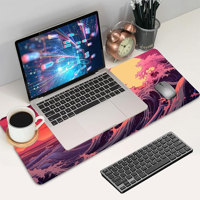 Japanese Sea Wave Large Gaming Mouse Pad with Stitched Edges, 31.5" x 15.7" Large Extended Computer Pad, Mouse Pad Protector with Non-Slip Waterproof Rubber Base Desk Pad for Laptop Office Accessories