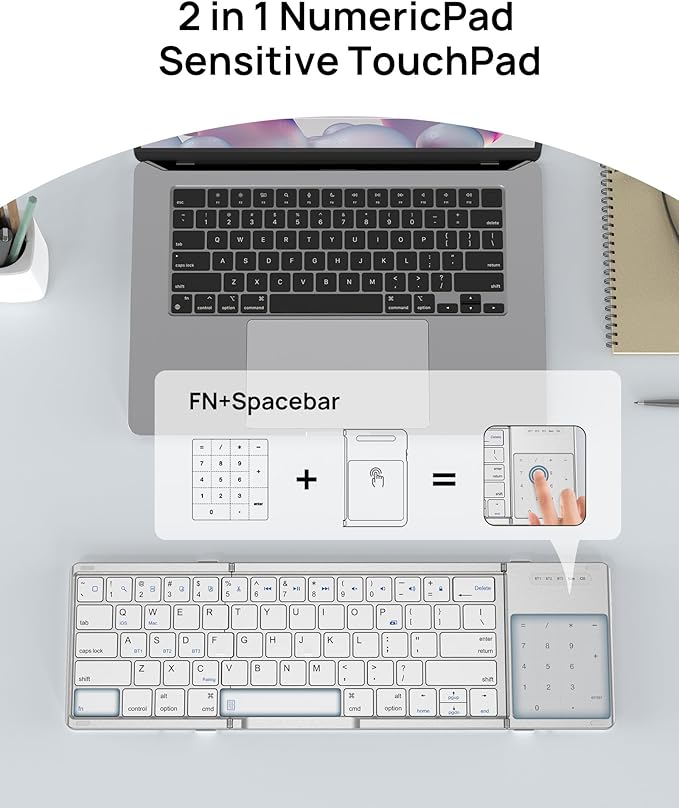SODI Foldable Keyboard with Touchpad, Portable Wireless Keyboard for Mac with Stand Holder and PU Leather Cover, Rechargeable Pocket Folding Key Board for iPad, iPhone, Mac iOS Tablets & Laptop