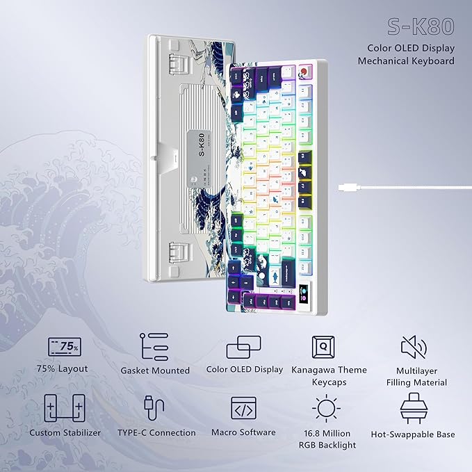 Womier SK80 75% Keyboard with Color Multimedia Display Mechanical Gaming Keyboard, Wired Hot Swappable Gasket Mount RGB Custom Key Board, Pre-lubed Stabilizer for Mac/Win, White Kanagawa