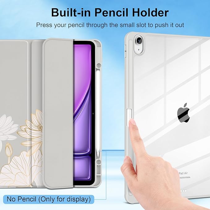 Case for iPad Air 13 inch 2026 M4 2025 M3 2024 M2 Release with Pencil Holder - Aesthetic Cute Design Trifold Cover with Soft TPU Bumper Clear Back Auto Sleep/Wake for Girls Women, Golden Lotus