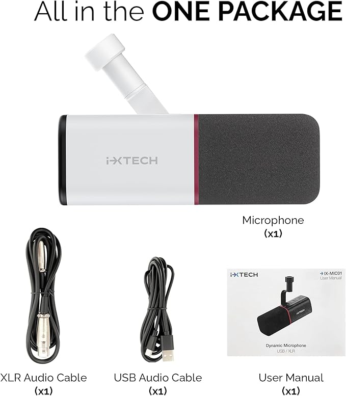IXTECH Cardioid Dynamic Microphone with Mic Cover, Vocal USB XLR Microphone for Podcasting, Streaming, Recording, Gaming and Voice-Over (White)