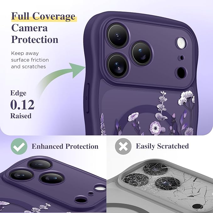 GVIEWIN for iPhone 17 Pro Max Case Compatible with MagSafe [Curly Wave Edge][Full Camera Protection] Floral Translucent Shockproof Magnetic Women Phone Case for 17 Pro Max, Dark Floratopia/Deep Purple