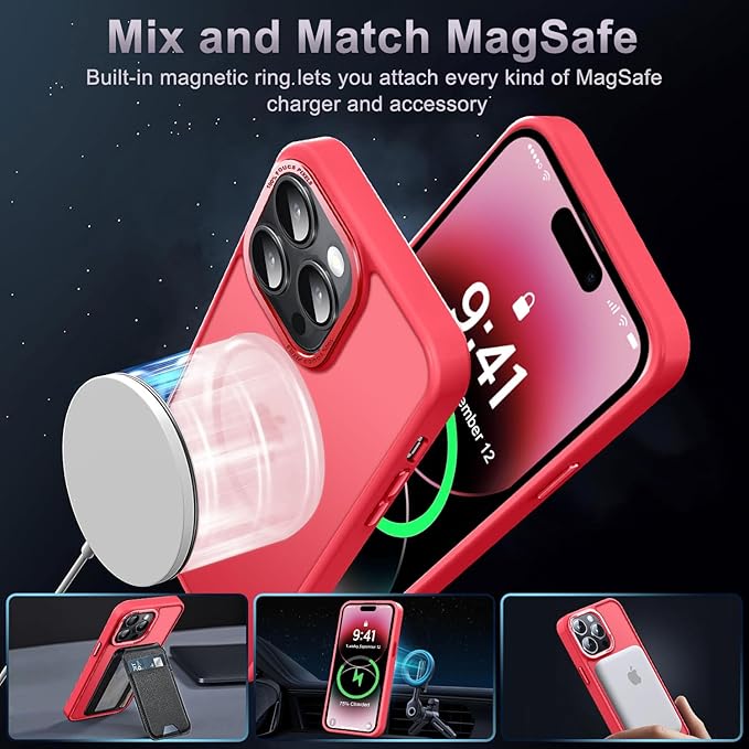 Newfuture Designed for iPhone 14 Pro Case with Magnetic [13 FT Military Drop Protection] [Compatible with Magsafe] Slim Translucent Matte Shockproof with Anti-Fingerprint Phone Case, Red