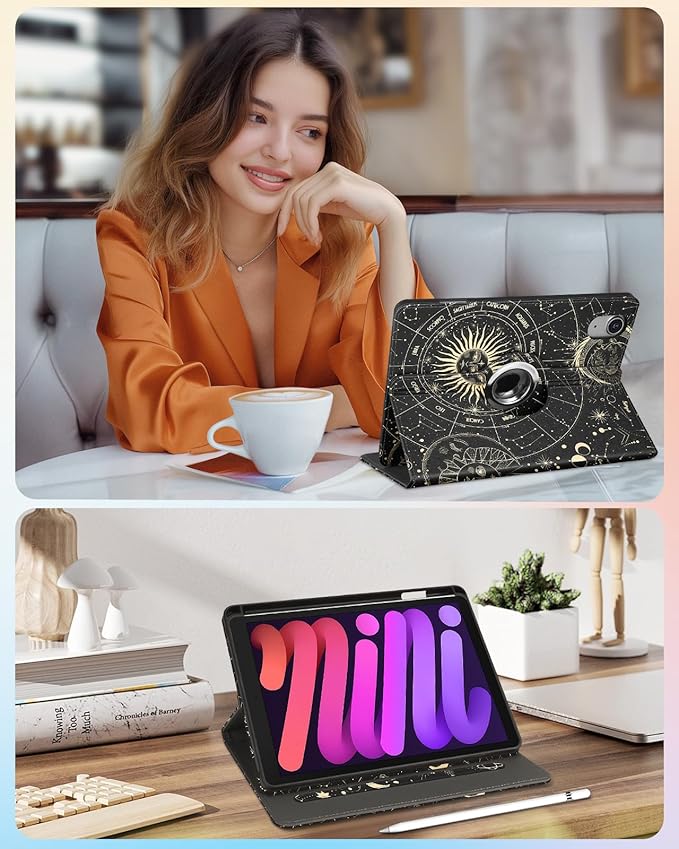 Kidcube for iPad mini 7 Case A17 Pro 2024, for iPad mini 6th Generation Case 8.3 Inch - Women Girls Cute Rotating Stand Folio Cover with Pencil Holder & Card Slot Girly Sun Moon Stars Teens Cover