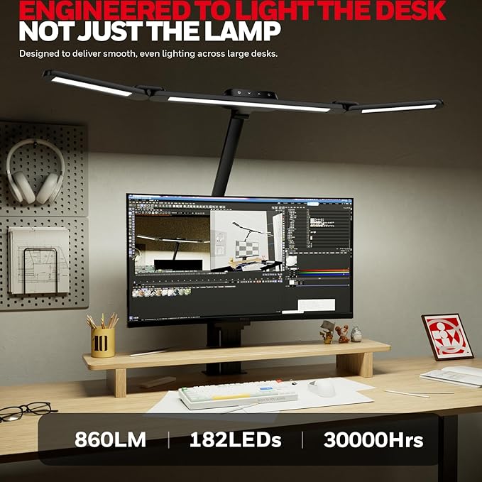 Honeywell Wide Desk Lamp with Clamp for Dual Monitors, 22W Full-Spectrum Eye-Caring LED Desk Lamp for Home Office, 3-Section Adjustable Architect Light for Large Desk, Stepless Dimming, 3000K-5700K