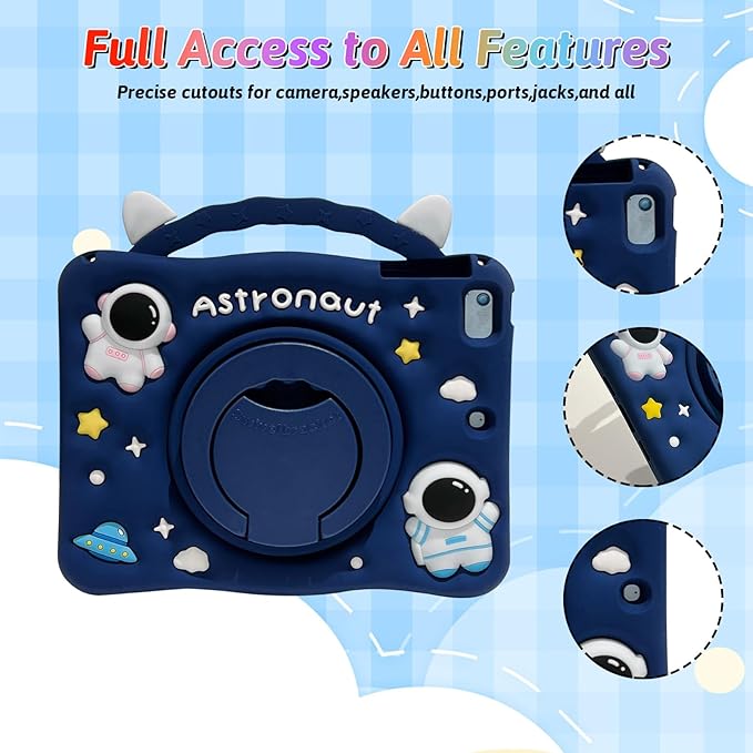 Dteck for iPad 10.9" 10th Generation Case Kids,Cute Cartoon 3D Unique Design Light Rotating Handle Stand Shoulder Strap Soft Silicone Funda Drop Rugged Shockproof Protective Kid-Proof Case,Astronaut