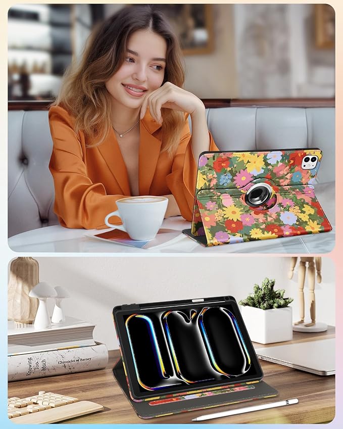 Kidcube for iPad Pro 11 Inch Case M4 2024 5th Generation - Women Girls Cute Rotating Stand Folio Cover with Pencil Holder & Card Slot Kawaii Cat Flower Design for iPad Pro 11'' Case 2024 M4 5th Gen