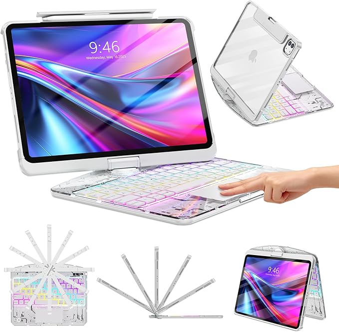 TSQQST Clear Wireless Keyboard Case for iPad Pro 13 Inch M5/M4 2025/2024 with Pencil Holder & Multi-Touch Trackpad, Visible PCB High-Tech Style, 3-Brightness & 7-Color Backlight, 360 Rotatable, White