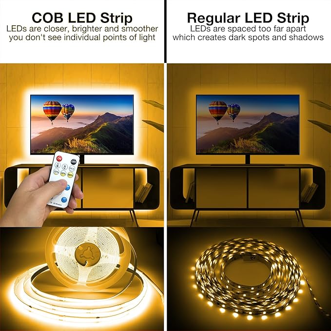 DAYBETTER COB LED Strip Light,LED Lights for Bedroom 16.4ft,Warm White 3000K Dotless LED Light Strip,1600 LEDs Super Bright Dimmable 24V Flexible Tape Lights with Remote,Kitchen,Cabinets Lighting