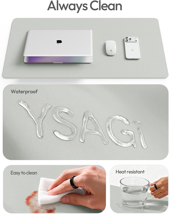 YSAGi Leather Desk Protector, Office Mat, Large Mouse Mat, Non-Slip PU Leather Blotter, Laptop Desk, Waterproof Writing Pad for Office and Home (Light Grey, 31.5" x 15.8")