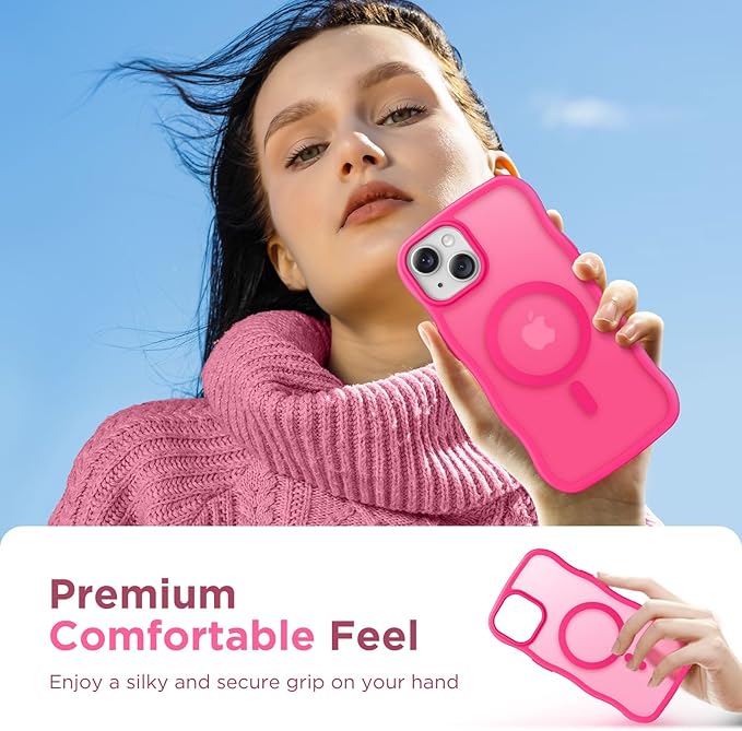 CAPRARO Cute for iPhone 13 Case & iPhone 14 Case, Compatible with MagSafe, [Curly Wave Edge] [Camera Protection] [14 FT Drop Protection] Magnetic for iPhone 13/14 6.1 Inch, Hot Pink