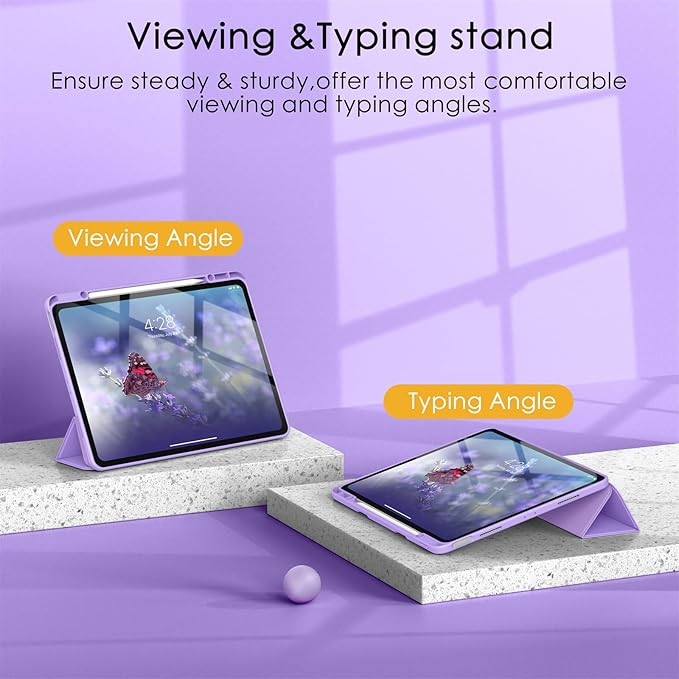 Soke Case for iPad Pro 12.9 Inch (6th/5th/4th/3rd Generation, 2022/2021/2020/2018) - Pencil Holder + Auto Sleep/Wake + Camera Protection, Transparent Shockproof Back Cover,Gray Purple