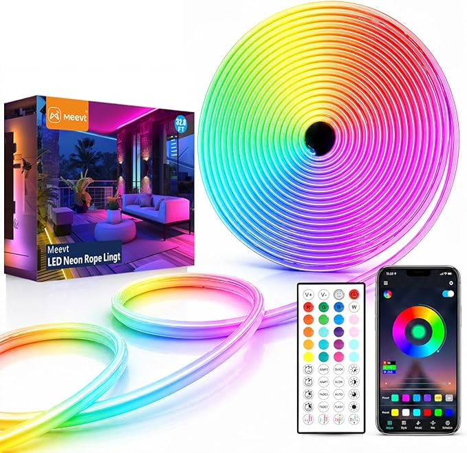 Neon Rope Lights - 32.8Ft Flexible LED Rope Lights,24V RGB Rope Lights Control with App/Remote Multiple Modes,DIY Design, IP65 Waterproof Strip Lights for Bedroom Room Outdoors Decor