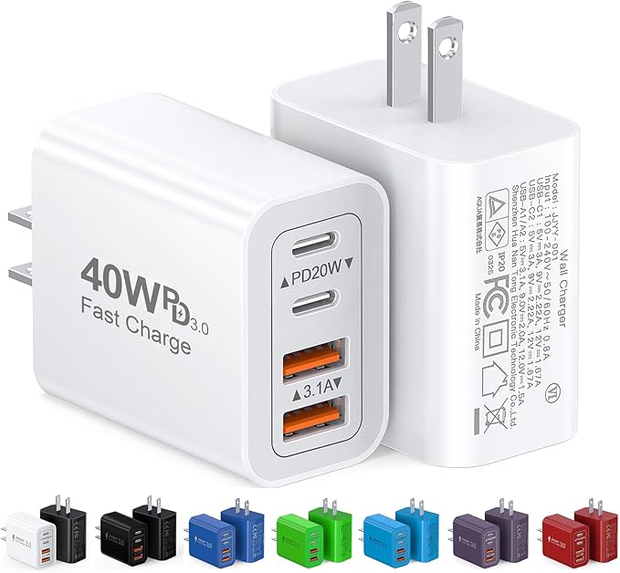 [2-Pack] 40W USB C Charger Cube, Wall Plug Fast Charging Block, 4-Port PD+QC Power Adapter Multiport Brick Type C Box for iPhone 17/16/15/14/13/12/11/Pro Max/XS/XR/8/7, Tablets, Samsung