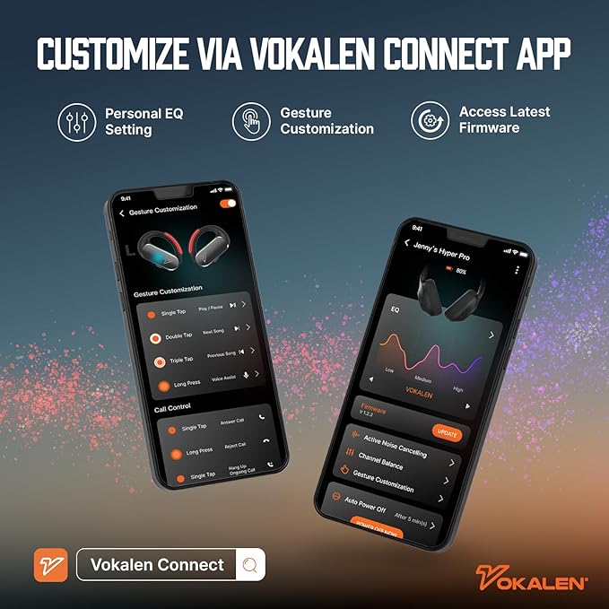 VOKALEN Reflex Pro - Wireless Sport Earbuds with Ear Hooks, Active Noise Cancellation, up to 50H of Battery Life, IP68 Dust and Waterproof, Touch Control, Secure Fit for Sports (Black)