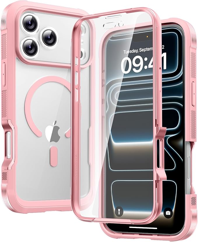 Diaclara Magnetic Designed for iPhone 17 Pro Case Full Body Bumper,[Compatible with MagSafe] Military Drop Proof Cover with Built-in Touch Sensitive Anti-Scratch Screen Protector,Pink