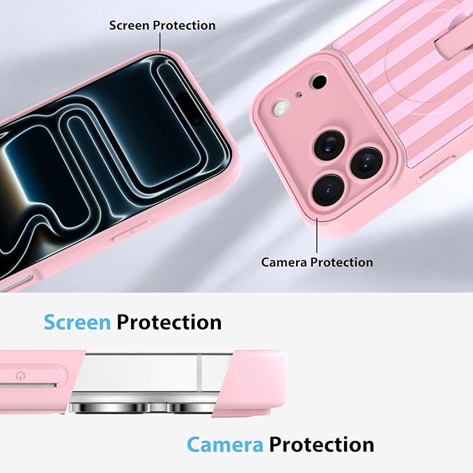 KANGHAR Compatible with iPhone 17 Pro Case, Support for MagSafe, Silicone Stripes Cute Pattern, Wristband Kickstand Camera Protection Soft Slim Cover for Girls Women -Pink