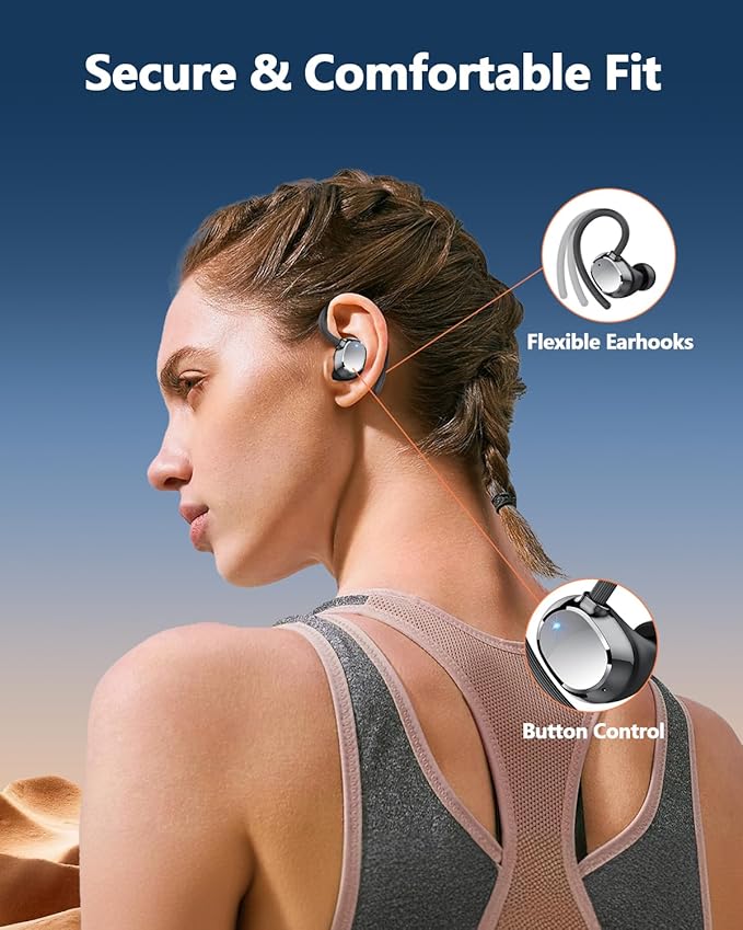 Ear Buds Wireless Bluetooth Earbuds Sport 2026 New Bluetooth 5.3 Headphones with LED Display 128H Playtime Powerful Bass Over Ear Earphones with Earhooks IP7 Waterproof for Gym/Running/Workout