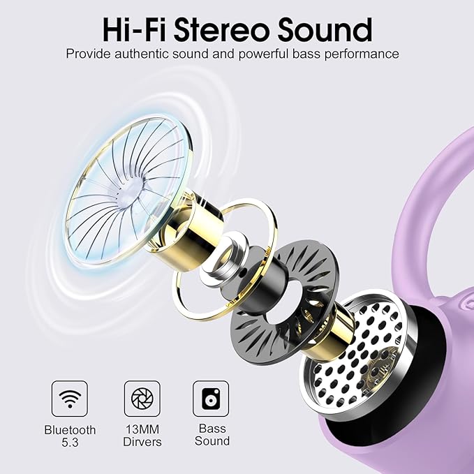 Wireless Earbuds, 2023 Bluetooth Headphones 5.3 Sport, 50H Ear buds with Earhooks, Dual LED Display Bluetooth Earbuds, Deep Bass Stereo Noise Cancelling Headphones, IP7 Waterproof Earphones, Purple
