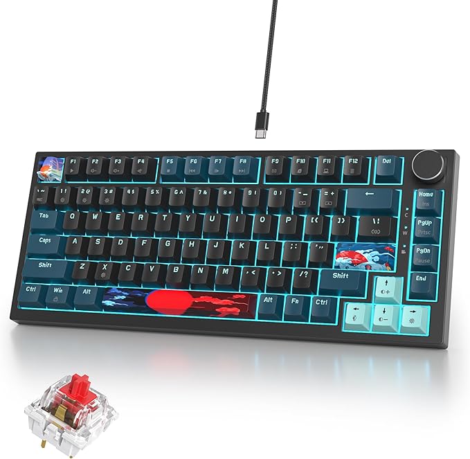 75% Mechanical Gaming Keyboard, Hot Swappable RGB Backlit Custom With Knob, Gasket Mount USB Wired, 82 Keys Black Blue Linear Red Switch (82 Black Blue)
