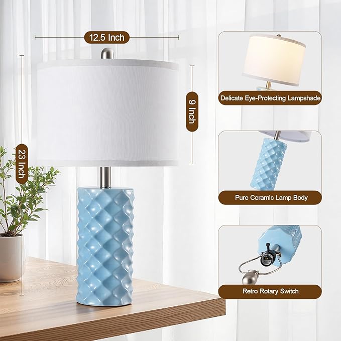 Sky Blue & Star Diamond Ceramic Table Lamps (Set of 2) - 23" Luxe Modern Bedside Lamps for Nightstand,bedrooms, Living Rooms, or entryways & Rotary Switch,No Bulbs