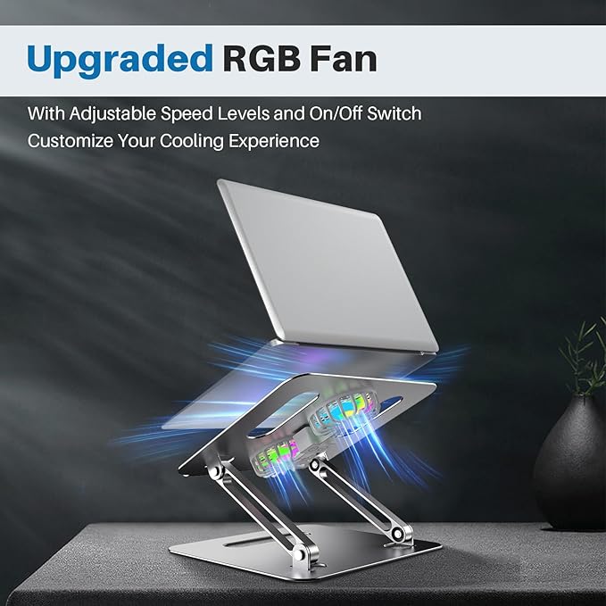 YICOSUN Adjustable Laptop Cooling Stand with 2 Quiet Fans & RGB Lighting, Aluminum Alloy & Foldable Ergonomic Design for MacBook, Lenovo, ASUS, Dell 10-16 Inch, Perfect for Gaming, DJ, Office - Gray