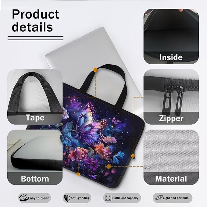 Purple Butterfly Floral 10 Inch Laptop Sleeve, Protector Laptop Case Tote Bag, Women Computer Cover with Zipper Work Travel Handbag Tablet Carrying Shoulder Bag for School Business