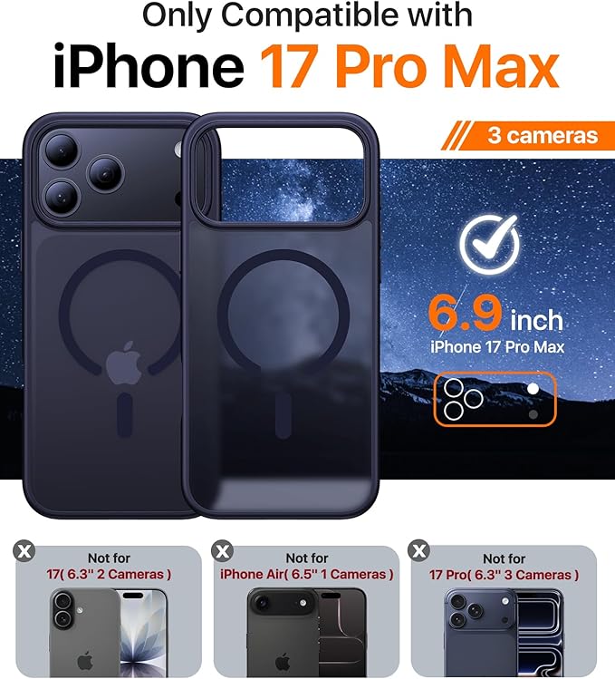 Magnetic for iPhone 17 Pro Max Case,[Anti-Slip][Compatible with MagSafe][Military Grade Drop Protection] Shockproof Protective Translucent Phone Case for iPhone 17 Pro Max Case,Titanium Blue
