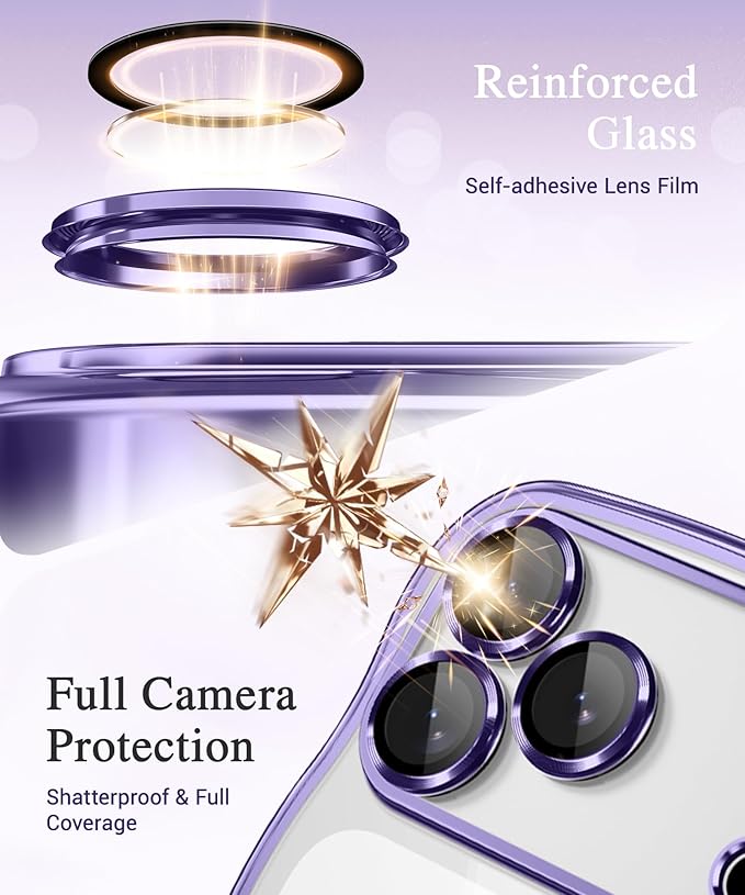 GVIEWIN for iPhone 17 Pro Case Compatible with MagSafe, Upgraded [Full Camera Protection][Cute Wave Frame][Military Grade Protection] Electroplated Hard Phone Cover for Women Girl, Clear/Purple