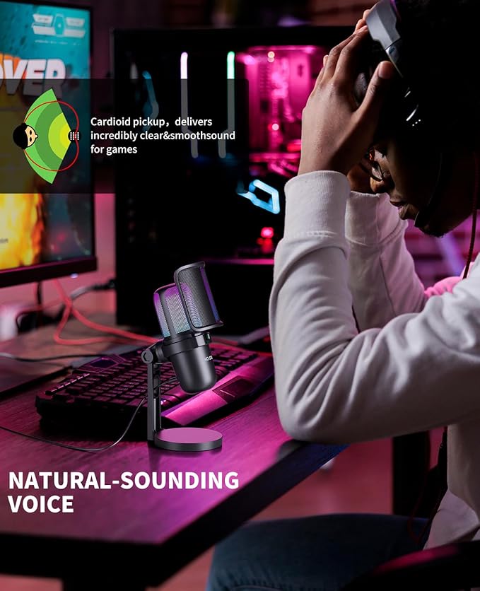 USB Streaming Gaming Microphone, PC Condenser Desktop Mic for Video, Home use, YouTube, with RGB Control, Gain Knob, 3.5mm Headphone Jack, Shock Mount, on Computer/PS5 - (Black)