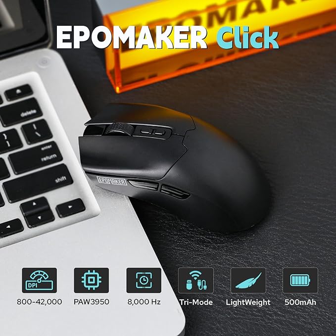 EPOMAKER Click Gaming Mouse Wireless 2.4Ghz/BT/Type-C, 800 to 42,000 DPI Adjustable, 8K Polling Rate, 500mAh, Lightweight Optical Mouse, for PC/Mac/Linux (Black)