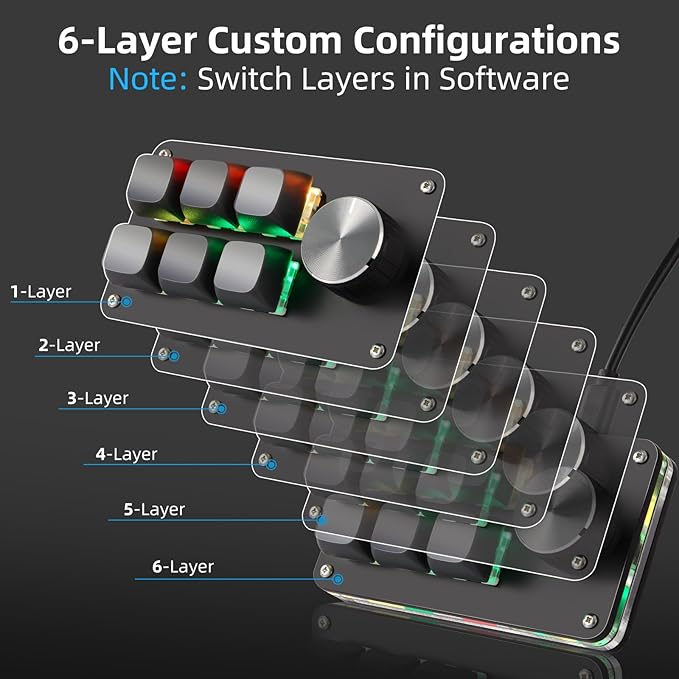 Koolertron Macro Programmable Keypad, One Handed Programmable Mechanical Keyboard, RGB Blue Switch Hot Swappable, 6 Keys 1 Knob Backlit Keypad for Working and Gaming, Black