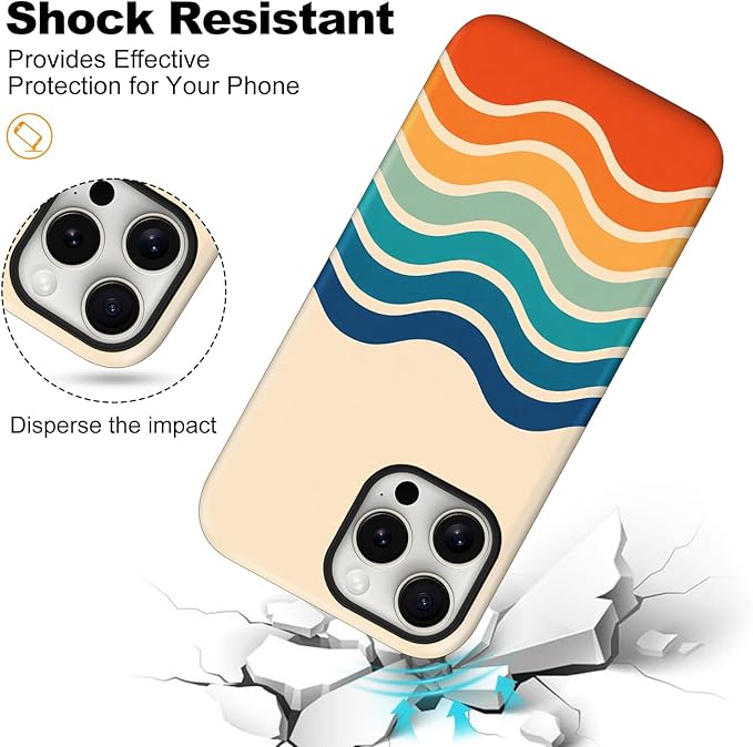 Magnetic for iPhone 15 Case Cute Stripes Phone Case, Shockproof Slim TPU and Hard PC Protective Phone Cover Compatible with MagSafe Designed for Women Girls,Retro Wave