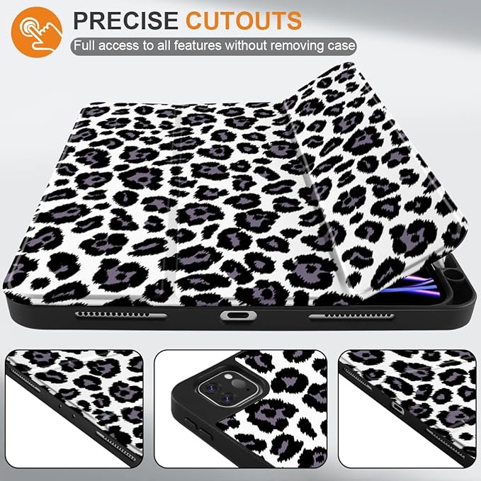 MEEgoodo for iPad Pro 12.9 Case M2 6th/5th/4th/3rd Generation 2022 2021 2020 2018 with Pencil Holder, Tablet Cover with Soft TPU Back Shell, Snow Leopard Texture