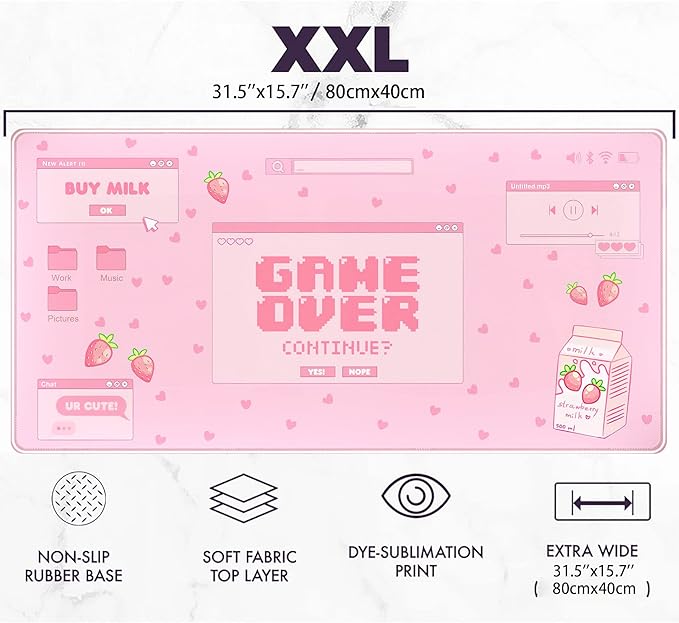Pink Kawaii Anime Gaming Mouse Pad XXL, Strawberry Milk Mousepad Large, Aesthetic Laptop Keyboard Mats, Full Desk Mouse Mat for Women Girl 31.5X15.7 in