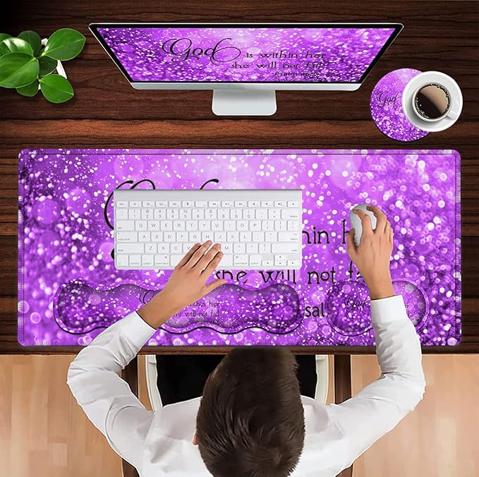 Gaming Mouse Pad XXL Large Desk Mat, Psalm 465 Bible Purple Extended Non-Slip Rubber Mice Pads Stitched Edges(31.5x11.8 in),Ergonomic Premium Memory Foam Keyboard Wrist Rest and Black Mouse Pad Set