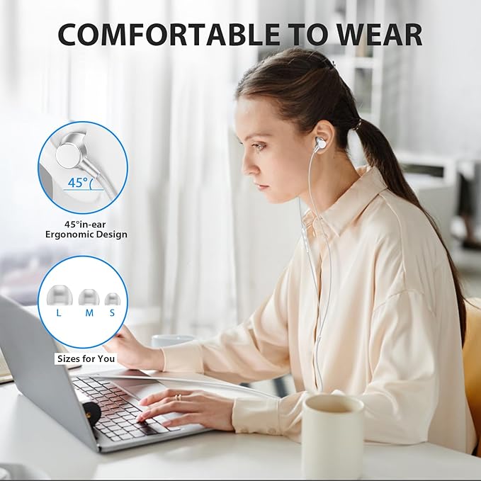 Wired Earbuds for School Chromebook Laptop PC, Noise Isolating Ear Buds with 3.5mm Plug in Audio Jack Microphone HiFi Stereo Wired Headphone Corded Earphone for Kindle Fire School Travel MP3, Silver