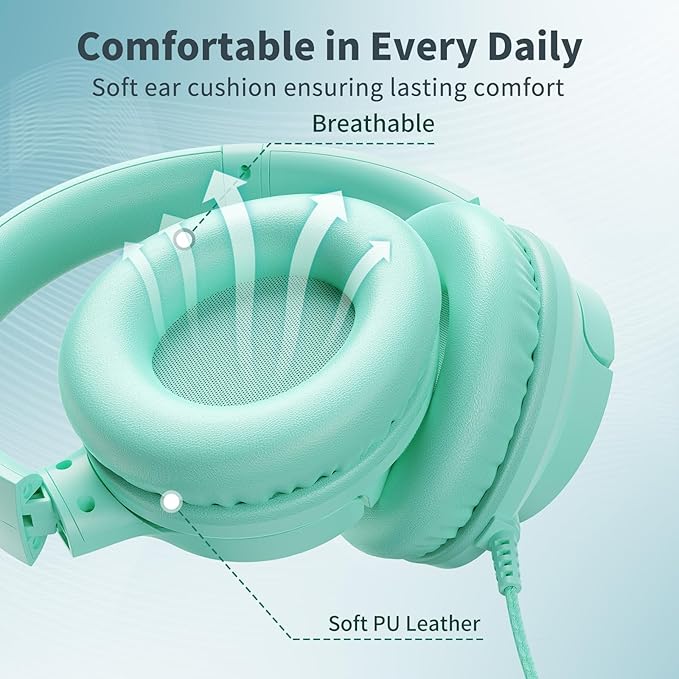Botesty Sound Headphones Wired with Microphone, Over Ear Foldable 3.5mm Plug in Headphones Corded with 4.9ft Tangle-Free Nylon Cord for Tablet, Laptop, MP3/4, School, Airplane Travel (Green)