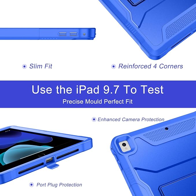 Soke Case for iPad 6th/5th Generation 9.7 Inch 2018/2017,with Built-in Screen Protector and Kickstand, Rugged Full-Body Heavy Duty Protective Cover for Apple iPad Air 2 /Pro 9.7 - Abyss Blue