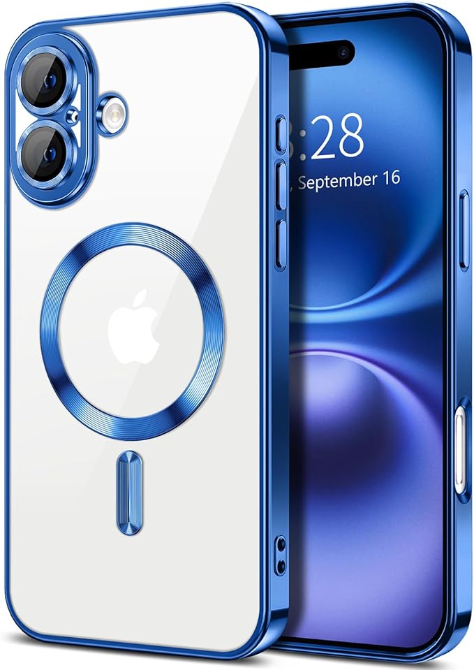 Hython Magnetic Clear for iPhone 16 Plus Case with Camera Lens Protector [Compatible with MagSafe] Luxury Plating Edge Slim Soft TPU Cover Protective Phone Case for iPhone 16 Plus 6.7", Deep Blue
