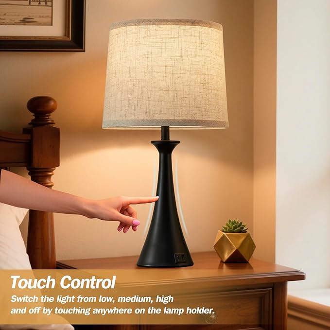 Touch Lamp for Living Room Bedroom, 21" Table Lamps Set of 2 with USB C+A Ports, Touch Bedside Lamps for Nightstand with 3 Way Dimmable, 2 LED Bulbs Included, Black