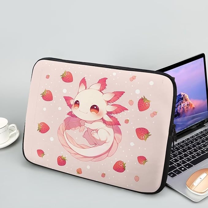 Cute Axolotl Laptop Sleeve Women Strawberry Lap Top Case for Teen Girls 10inch Computer Sleeve Slim Laptop Protector with Multiple Uses Laptop Carrying Case Pink Briefcase