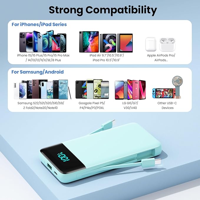 Portable Charger for iPhone,13800mAh Slim Power Bank with Built-in Cables & AC Wall Plug,All in One 4 Outputs USB C Fast Charging Battery Pack Travel Essential for iPhone 17/16/15/14,Android (Green)