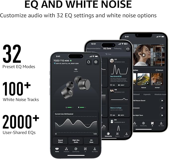 TOZO T12 Wireless Earbuds Bluetooth 5.3 Headphones, Call ENC Noise Cancelling Mic, 55Hrs Playtime App Customize EQ IPX8 Waterproof LED Digital Display Premium Sound Headset