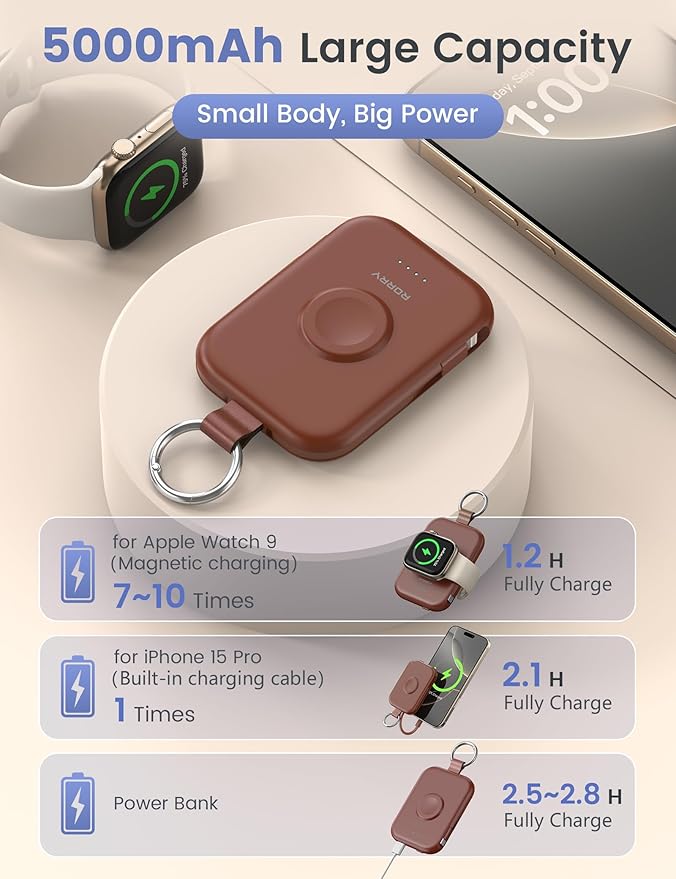 RORRY Portable Charger, 5000mAh Portable Charger Power Bank with Built-in Cables, Travel Keychain Battery Pack for Apple Watch Ultra/11/10/9/8/7/6/SE, iPhone Air/17/16/15/14/13/12, Cinnamon Clay