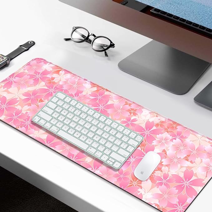 Japanese Cherry Blossom Gaming Desk Mat, Computer Keyboard Large Extended Flowers Mouse Pad for Office and Home, 31.5×11.8 Inches, XL, Pink