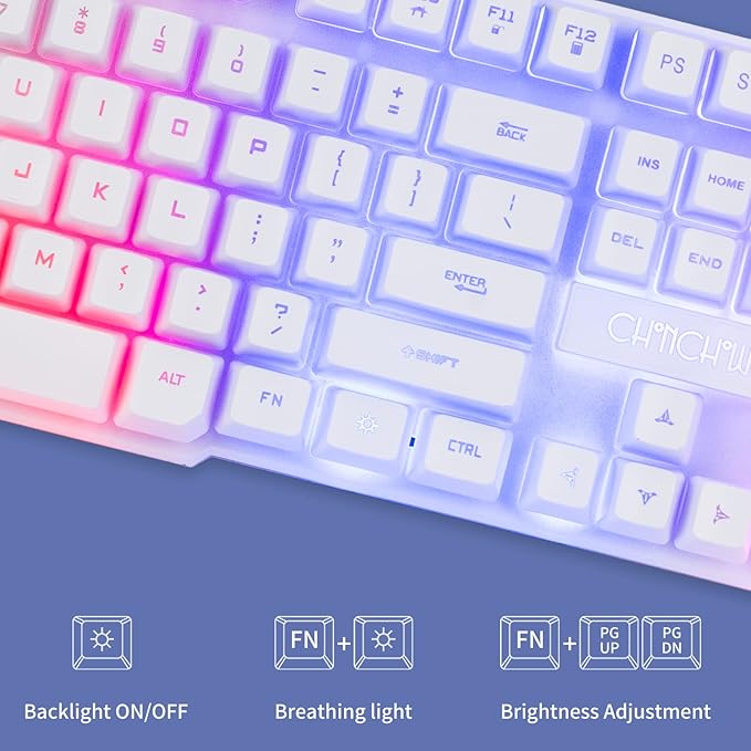 Gaming Keyboard and Mouse Wired CHOCNHOW White Keyboard Rainbow Backlit,Light Up Keys, Multimedia Keys, Waterproof Compatible with PC Laptop Xbox Ps4/Ps5 Work/Gamer