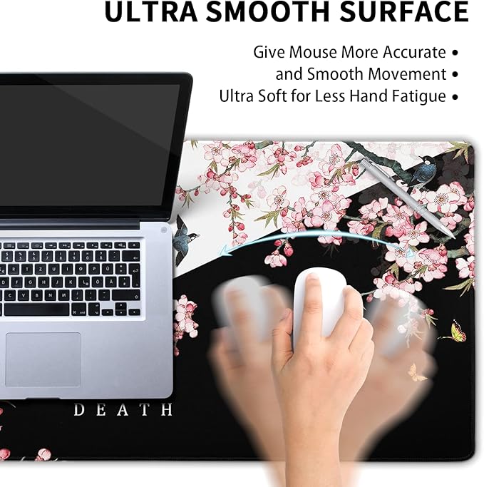 XXL Large Gaming Mouse Pad, Pink Sakura Death Life Extended Desk Pad Non-Slip Rubber Base 35.4x15.7in with Stitched Edges Waterproof Full Desk Pads Computer Gaming Mousepads for Work/Game/Office