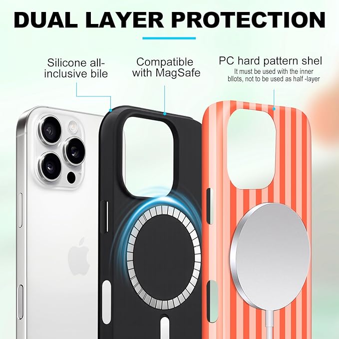 Magnetic for iPhone 15 Pro Case Cute Stripes Phone Case, Shockproof Slim TPU and Hard PC Protective Phone Cover Compatible with MagSafe Designed for Women Girls, Deep Orange