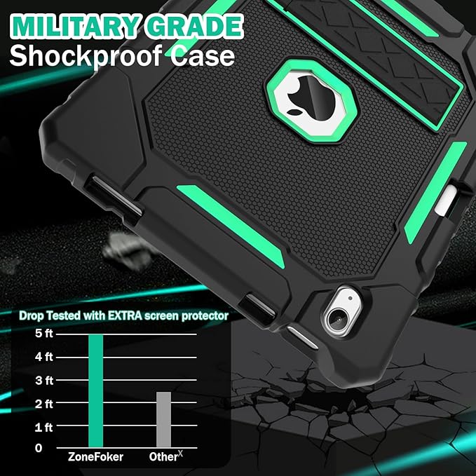 ZoneFoker Case for iPad (A16) 11th/10th Generation 11/10.9 inch 2025/2022, Heavy Duty Military Grade Shockproof Rugged Cover with Pencil Holder/Stand for i Pad 11th / 10 th Gen(Black+Teal)